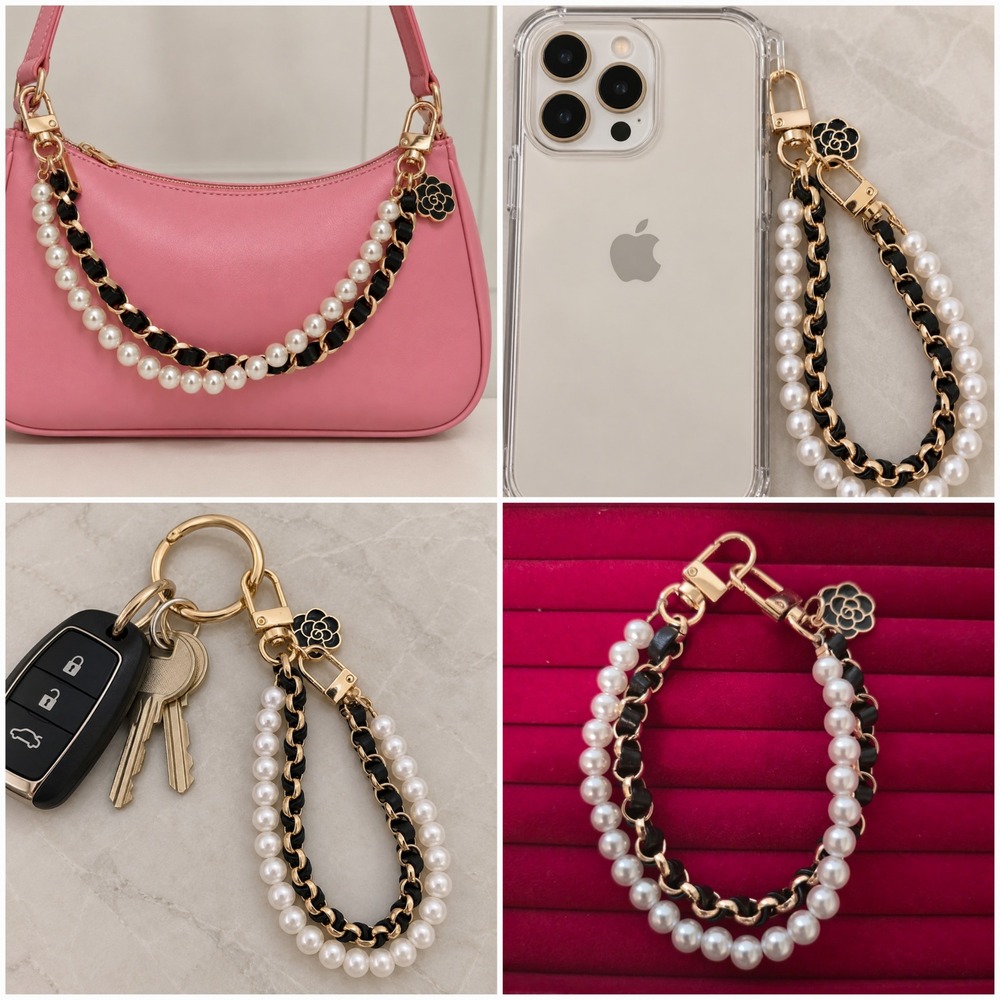 Gold Faux Pearl Camellia Bag Charm Phone Strap Keychain Multifunctional 10in